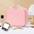 Pink large capacity LED makeup case with cross-grain leather and adjustable dividers - Pink PU [Rechargeable LED Mirror]