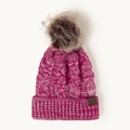 Macro detail of thick knit twist texture and faux fur pompom on pink winter beanie hat - One Size / Rose Red
