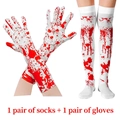 Halloween bloody accessories set featuring white long gloves and over-knee socks with red blood stains - Halloween Gloves and Socks 2Pcs Set