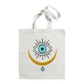 White canvas tote bag featuring blue evil eye and golden crescent moon graphic design - Moon Eye T