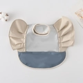 Waterproof baby feeding bib with ruffle sleeves and pocket in grey and beige - Wings - Silver-gray And Beige / One Size