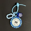Blue poker chip keychain with die pendant and Monte Carlo 50 poker club design - Deep Blue Chip 50 With Blue Dice Keychain (CS001-50)