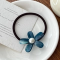 Elegant blue acetate flower hair tie with pearl center and black elastic band - Hair Tie / Dark Blue