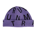 Detail of purple knitted beanie featuring black jacquard letters and soft ribbed texture - M (56-58cm) / Light Purple
