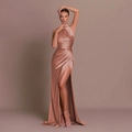 Elegant rose gold satin halter gown with high waist pleats and side slit for women - L / Nude