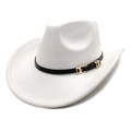 Detail of white western cowboy hat featuring black leather band and gold metal buckle - M (56-58cm) / White