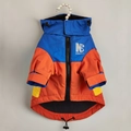 Detail of waterproof tricolor dog jacket with warm fleece lining and reflective strips - Pet Autumn/winter Jacket - Three-color Patchwork