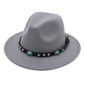 Medium gray wool fedora hat featuring a black leather band with turquoise and silver studs - M (56-58cm) / Gray