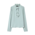 Blusa de mujer de viscosa verde menta de manga larga con cuello de volantes de moda - XS / Azul claro