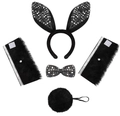 Detail of 4-piece bunny cosplay set featuring sequin ears, bowtie, cuffs and plush tail - Black Rabbit 5-Piece Set
