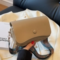 Beige lychee leather crossbody bag with vintage ethnic print wide strap and gold hardware - Khaki