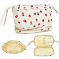 Neceser de pana beige de doble capa con estampado de fresas y compartimento para brochas - Estampado de Fresa