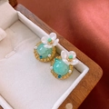 Floral stud earrings with mint green gemstone and white petals in vintage French style - 45# Gold Blue Vintage Color Blocking (925 Sterling Silver Earring Post)