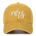 Detailed view of white Mrs. embroidery on vintage washed cotton yellow baseball cap - Yellow Mrs.
