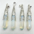 Detail of four hexagonal opal pendants with vintage silver filigree metal caps - Opal