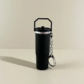 Miniature black tumbler keychain with a straw lid and silver metal clip attachment - New Portable Black