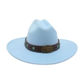 Light blue wool felt cowboy hat with brown leather turquoise band and bull skull buckle - One Size / Light Blue