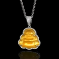 Laughing Buddha necklace with yellow opal stone and zircon setting on silver twist chain - White Gold Golden Yellow Stone / 18 Inch 3mm Rope Chain