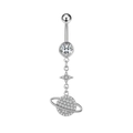 Dettaglio del piercing all'ombelico argento con pendenti a stella e pianeta Saturno lucidi - Argento Stella Pianeta Pendente