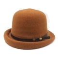 Caramel brown knit bucket hat with leather strap and metal buttons for women - M (56-58cm) / Caramel color