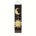 Vertical sun and moon tapestry with wooden rod and brown tassels on black starry background - 32.5x130cm / Style 3