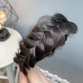 Dark brown braided fishtail headband with realistic hair texture for high top volume - Three-Strand Braid / Black Brown