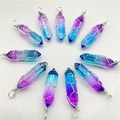 Detailed top view of ten hexagonal wire-wrapped crystal point pendants arranged in a circle - Silver Wire Blue Gradient Purple