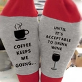Red and grey Christmas cotton socks with coffee and wine text on soles - One Size / Gray Red