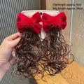 Red velvet bow hair clips with plush balls and dark brown curly wig hair extensions - Red Fur Ball Wig (Hair Clip 024-Braid)