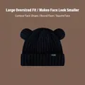Cute black knitted beanie with bear ears and small woven patch for winter warmth - Thick Thread Bear-Black