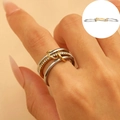 Mixed gold and silver interlocking multi-layer ring with sparkling zircon inlays - Three-ring Chain Two-tone Diamond Style (F31 2693) / Steel Color + 18K Gold / US 9