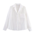 Women's white long-sleeve casual shirt with floral embroidery on the chest pocket - S / White