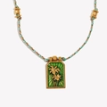 18K gold plated necklace with green tarot palm tree pendant and colorful woven cord - Gold Dark Green