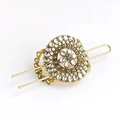 Detailed view of golden flower hair pin with turquoise accents and sparkling rhinestones - White Rhinestone Antique Gold