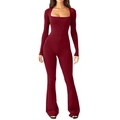 Front view detail of a red long sleeve square neck wide leg jumpsuit with slim fit design - Burgundy