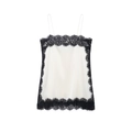 Women's autumn white satin camisole top with black lace trim and thin straps - XS / White