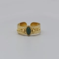 Adjustable gold ring with hammered texture and oval green gemstone center - Oval Stone Beaded Style (SR21012316GN) / Gold/Dark Green