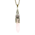 Detail of pink crystal hexagonal pendant with vintage bronze floral metal cap - Antique Bronze + Rose Quartz