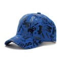 Detail of royal blue baseball cap featuring black printed letters and six-panel stitching - One Size(Adjustable 56-60cm) / Blue