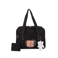 Black Japanese JK anime ita bag with heart window, small pouch and plush bear charm - Black with Bear Pendant