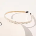 Detail view of gold metal headband with three rows of elegant white pearls for women - Irregular Pearls (Medium)