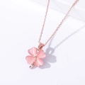 Rose gold necklace with a pink cat eye stone four-leaf clover pendant on white background - Tz-3 [matching Chain]