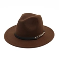 Detail of wool felt fedora featuring black leather band with gold studs and metal chains - Coffee