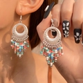 Bohemian silver earrings with colorful beaded tassels in blue and orange shades - Antique Silver 11761