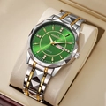 Detailed macro of green sunburst dial watch with dual calendar and gold steel band - Male Style / GD310 Green Dial