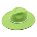 Close-up of light green wool fedora hat featuring elegant white pearl bead trim detail - M(56-58cm) / Fruit Green
