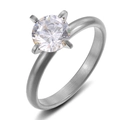 Anello in acciaio al titanio con zircone tondo trasparente e incastonatura classica a griffe - US 6 / Colore Acciaio / Zircone Bianco