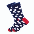 Herrensocken in Dunkelblau mit großen weißen Punkten und roten Kontrastfersen - Einheitsgröße / Dunkelblau mit weiß-roten Punkten