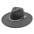 Detail of dark grey wool fedora with beige leather band and golden metal buckle - M (56-58cm) / Dark Gray