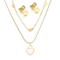 Double layered gold titanium steel heart necklace set with pink shell inlay and studs - Pink Shell Heart Style (KS201098-HDJ)